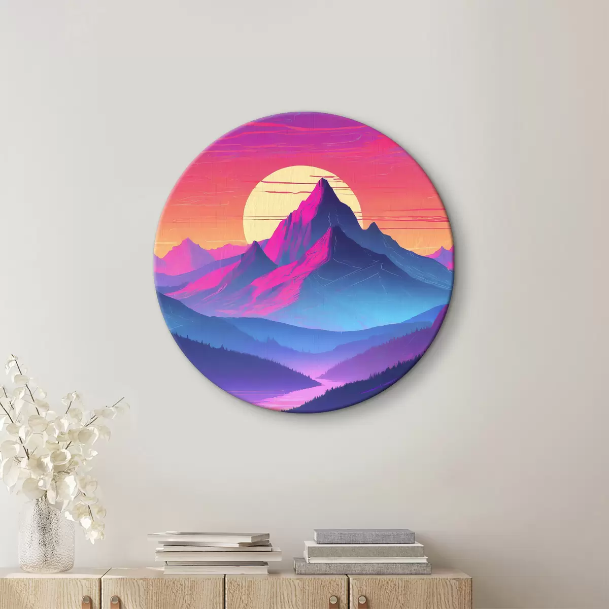 Quadri rotondi Montagne tranquille sotto un cielo colorato r38003