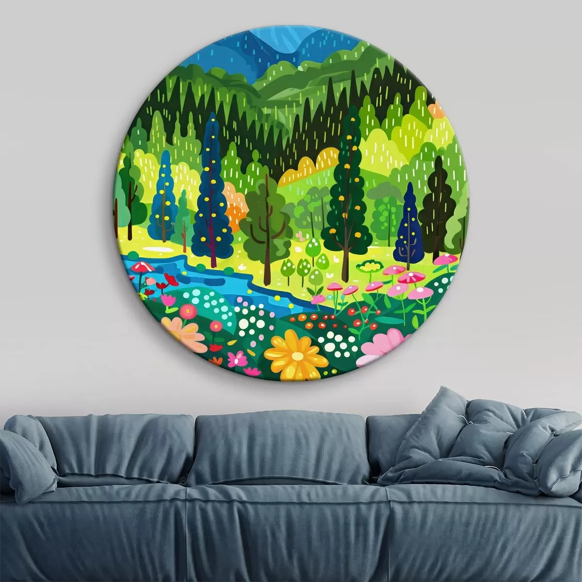 Quadri rotondi Paesaggio cartoon con alberi e fiori r38140