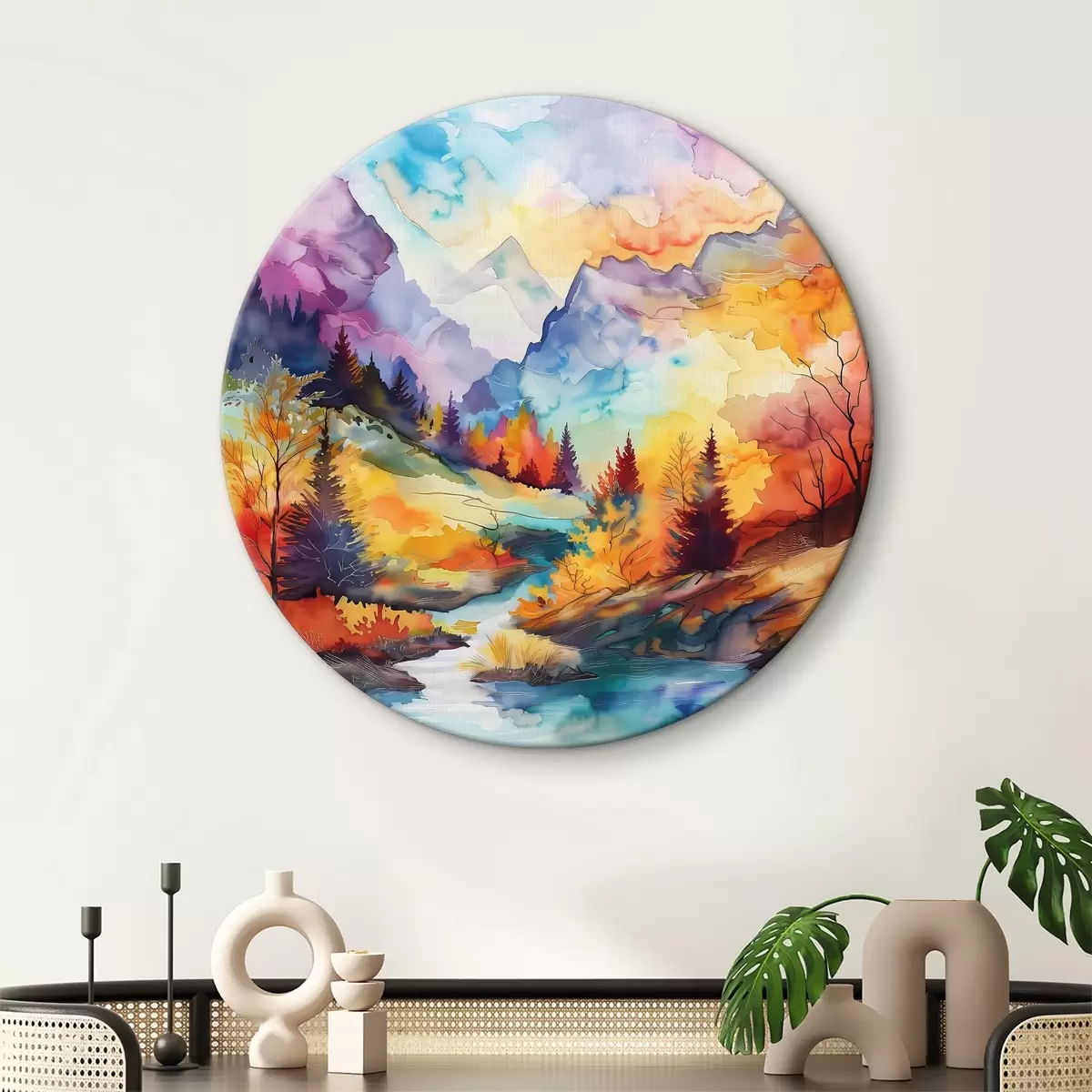 Quadri rotondi Paesaggio montano colorato con alberi e fiume r38145