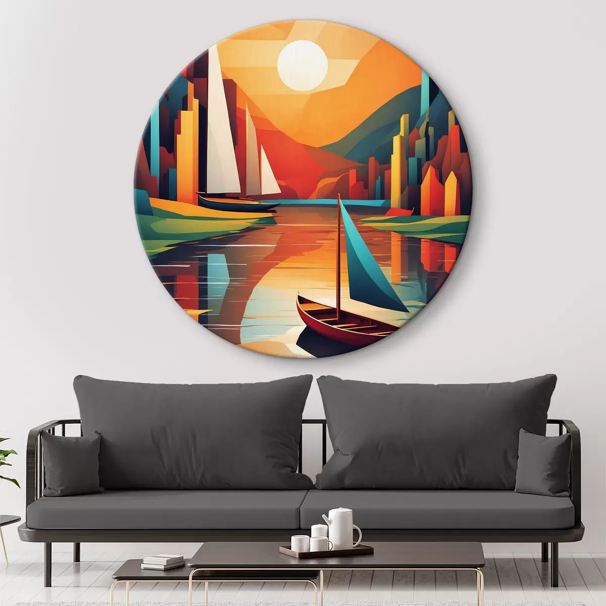 Quadri rotondi Barca sul fiume. Grafica vettoriale r38179