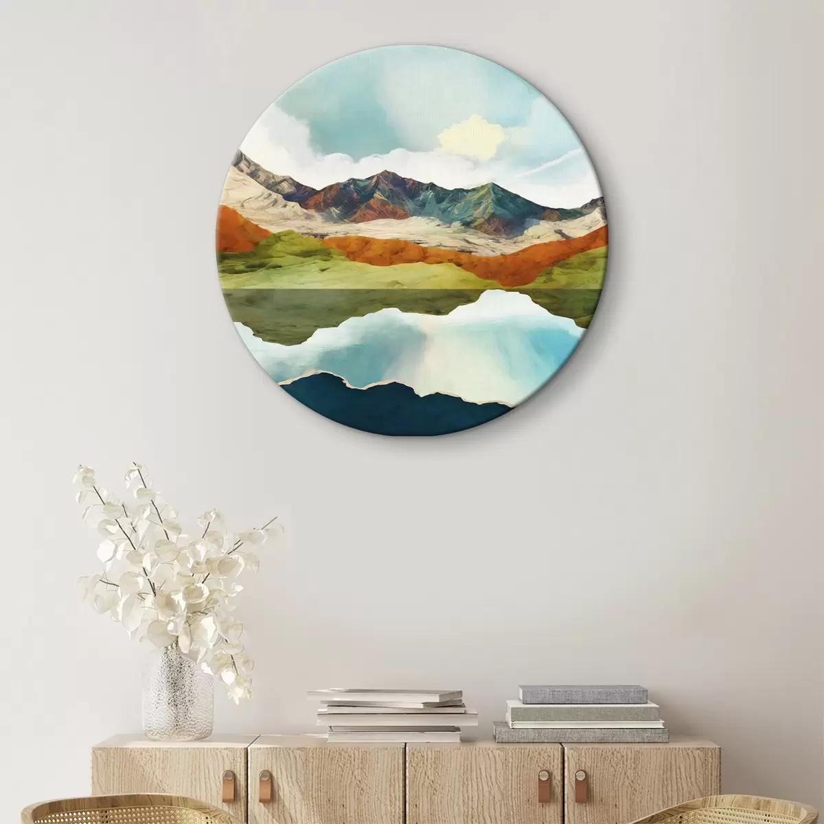 Quadri rotondi Riflesso dell'acqua sulle montagne e sul cielo r38193