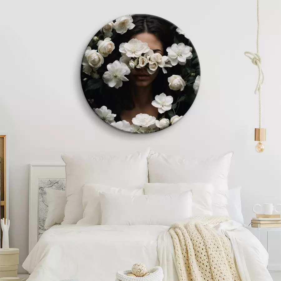 carta da parati Donna che nasconde il viso dietro a fiori bianchi nr. r38194