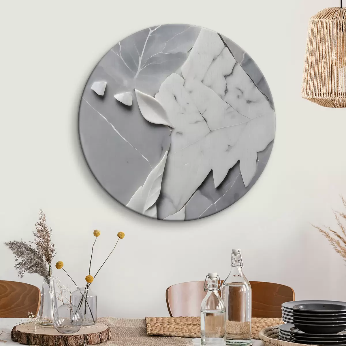 Quadri rotondi Superficie in marmo bianco e grigio con foglie r38272