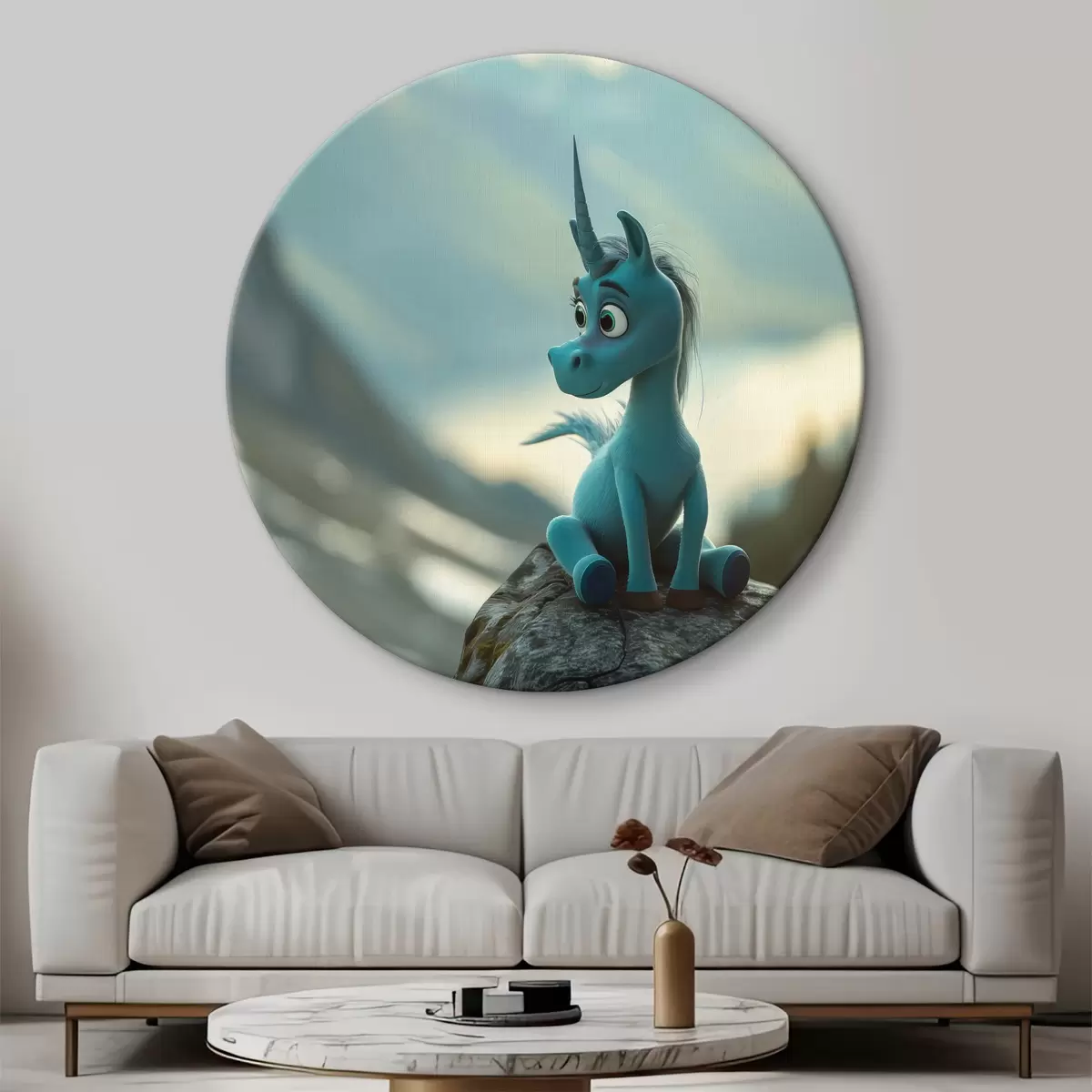 Quadri rotondi Un disegno di un unicorno blu seduto su una roccia r38274