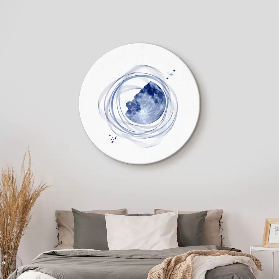 carta da parati Orbita lunare, mezzaluna, minimalismo, spazio, tempo, linee curve e sfocate, stelle, galassia, colore blu nr. r38280