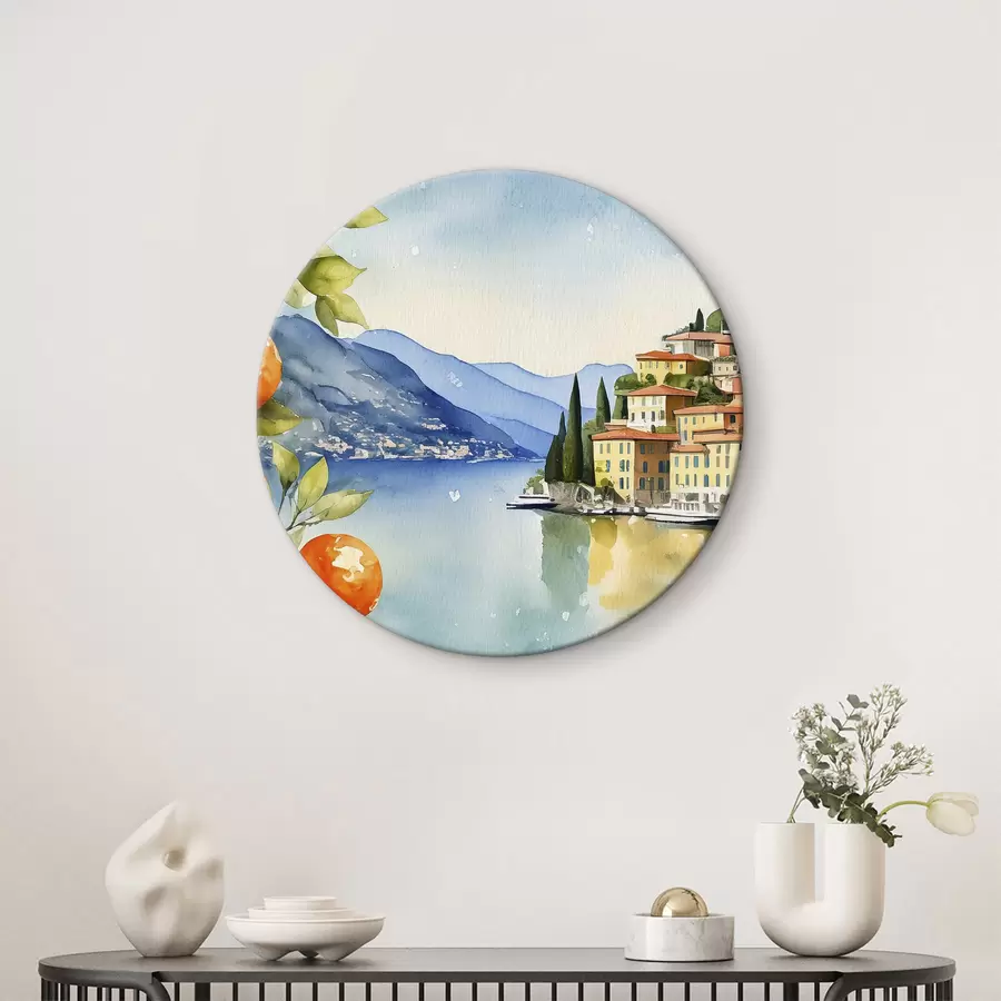 carta da parati Un acquerello che raffigura una città sul bordo di un bacino idrico nr. r38402