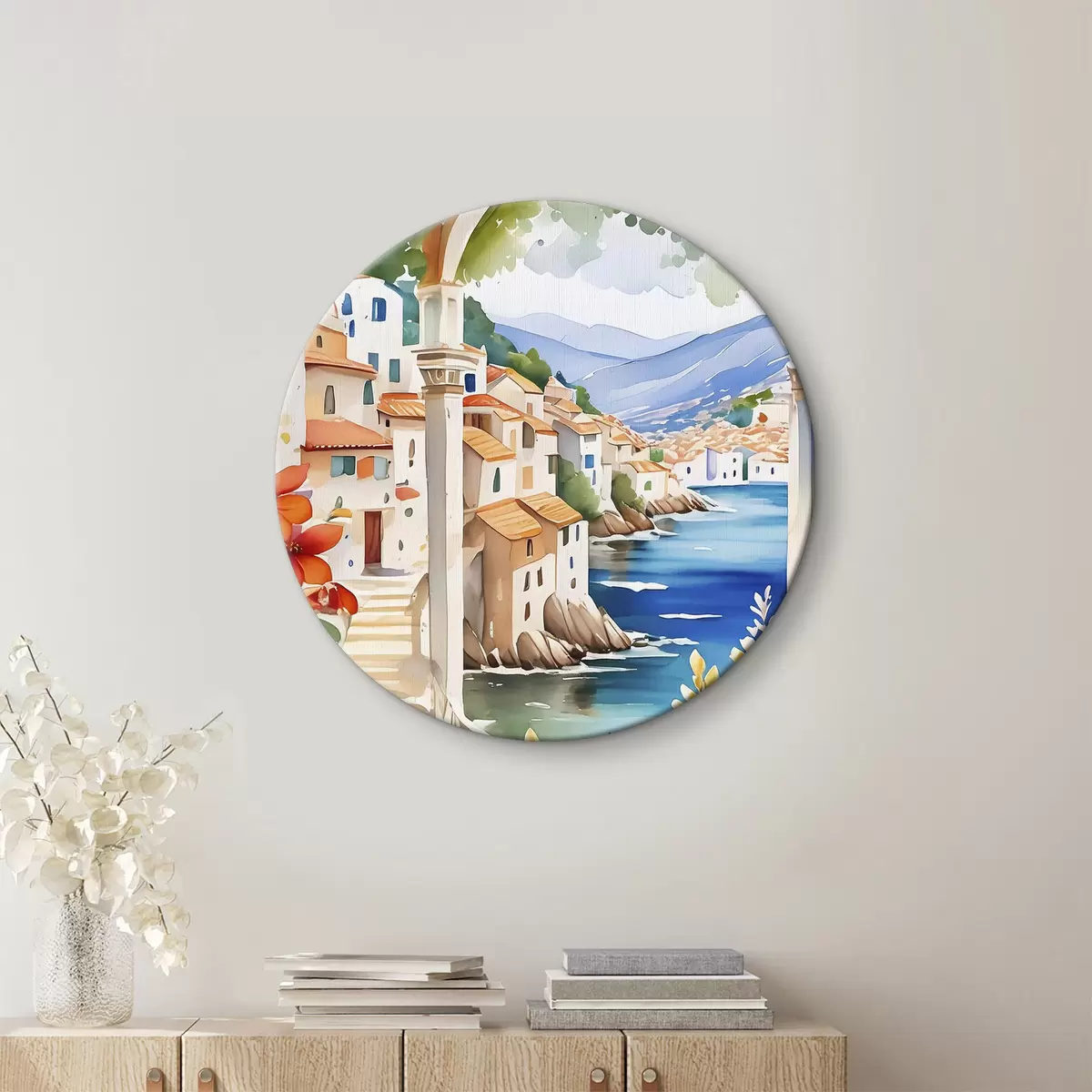 Quadri rotondi Immagine di una città con un fiume e fiori r38406