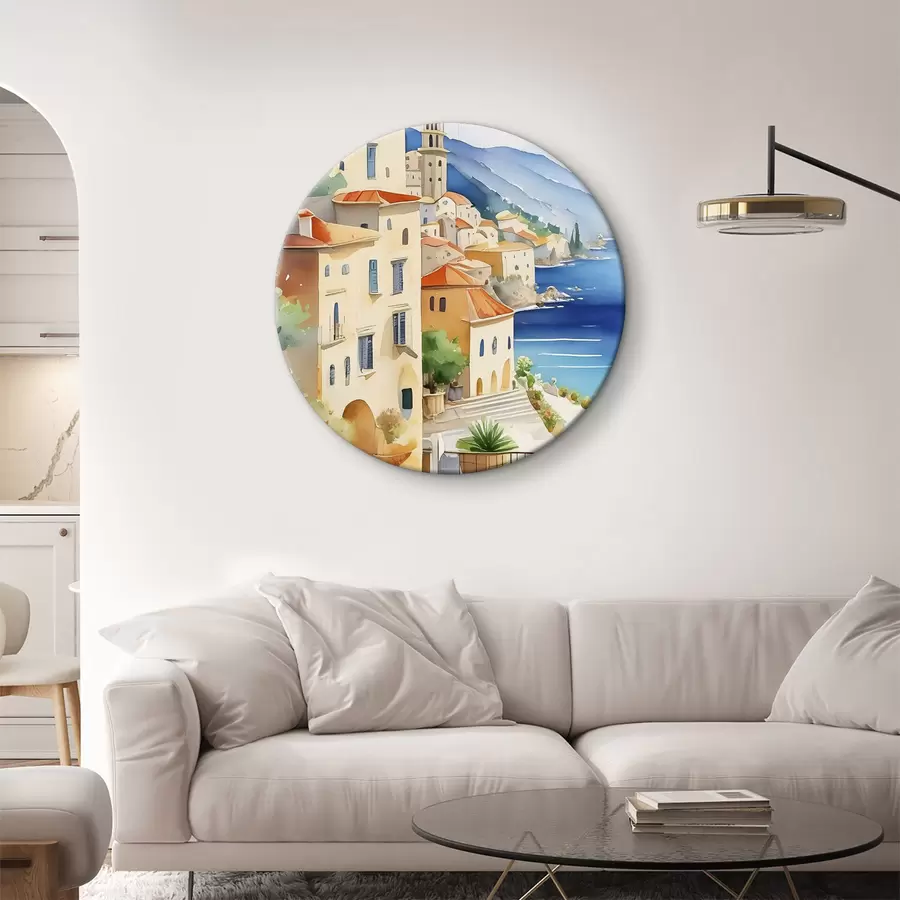 carta da parati Un acquerello che raffigura una città su una collina sopra il mare nr. r38409