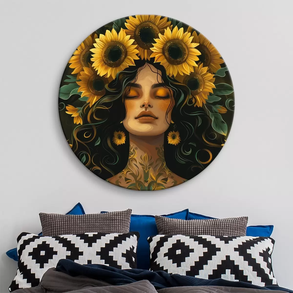 Quadri rotondi Donna con girasoli tra i capelli r38412