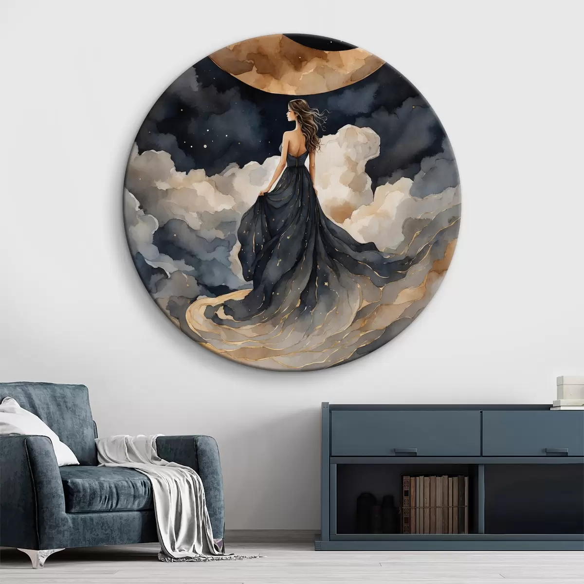 Quadri rotondi Donna in abito blu e luna nel cielo r38428