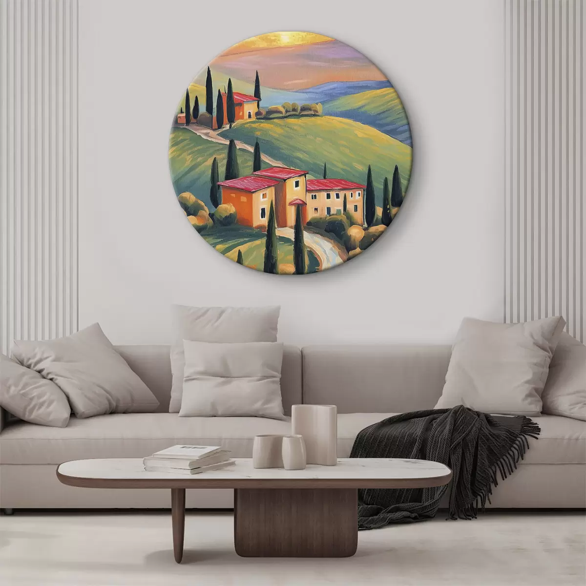 Quadri rotondi Paesaggi della Toscana, Italia, arte acrilica, vecchie case, campi, estate r38488