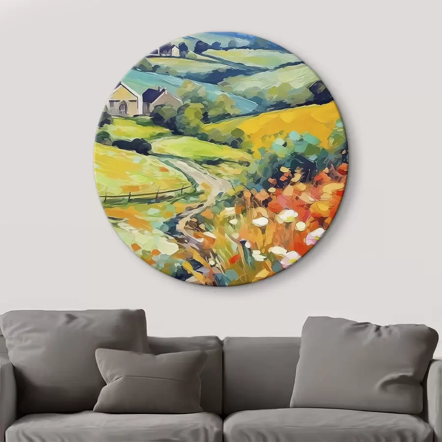 carta da parati Un dipinto che mostra un paesaggio con case e campi nr. r38501