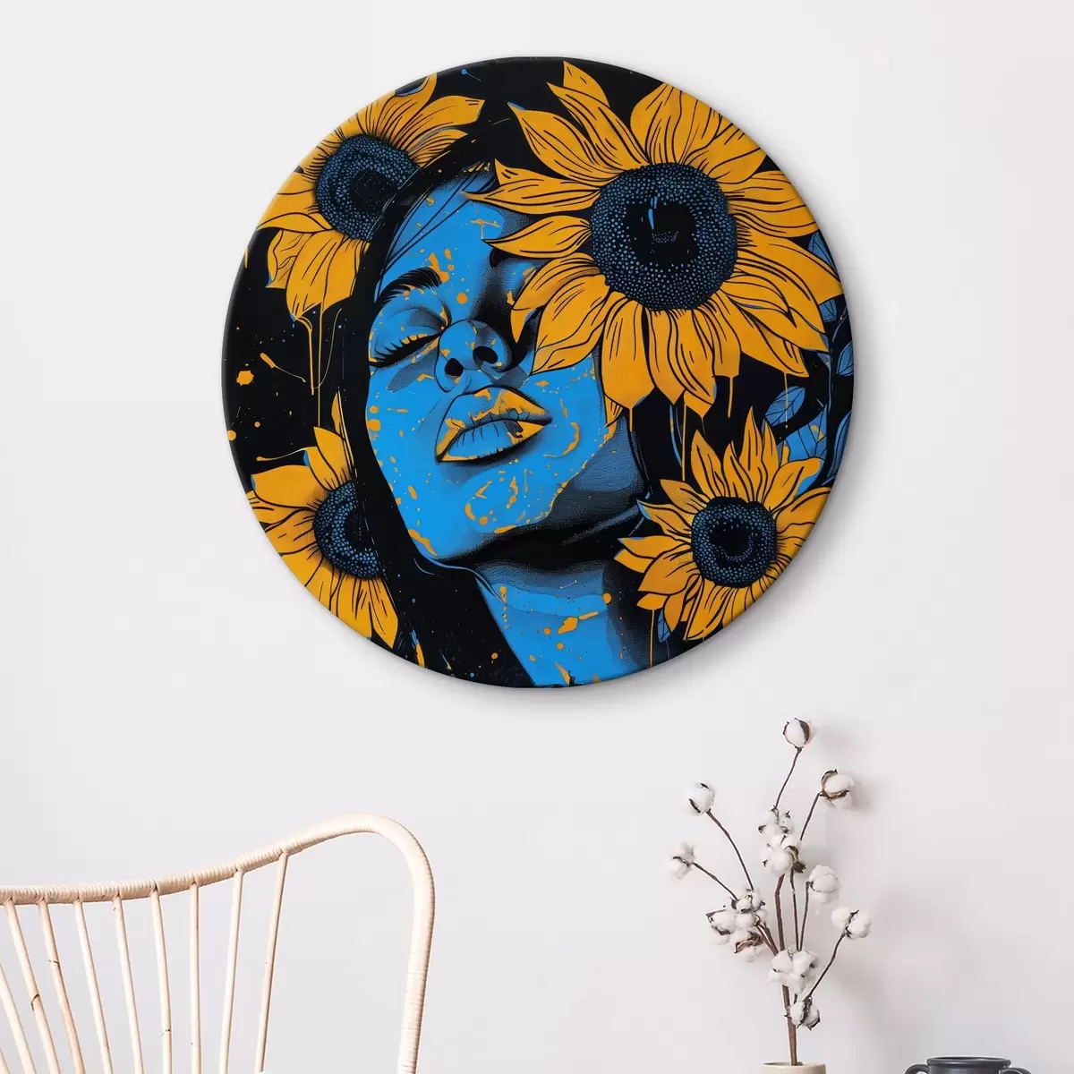 Quadri rotondi Un dipinto di donna con girasoli r38505