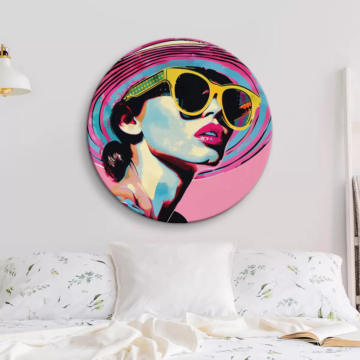 Quadri rotondi Ritratto colorato di una donna elegante con gli occhiali da sole r38508