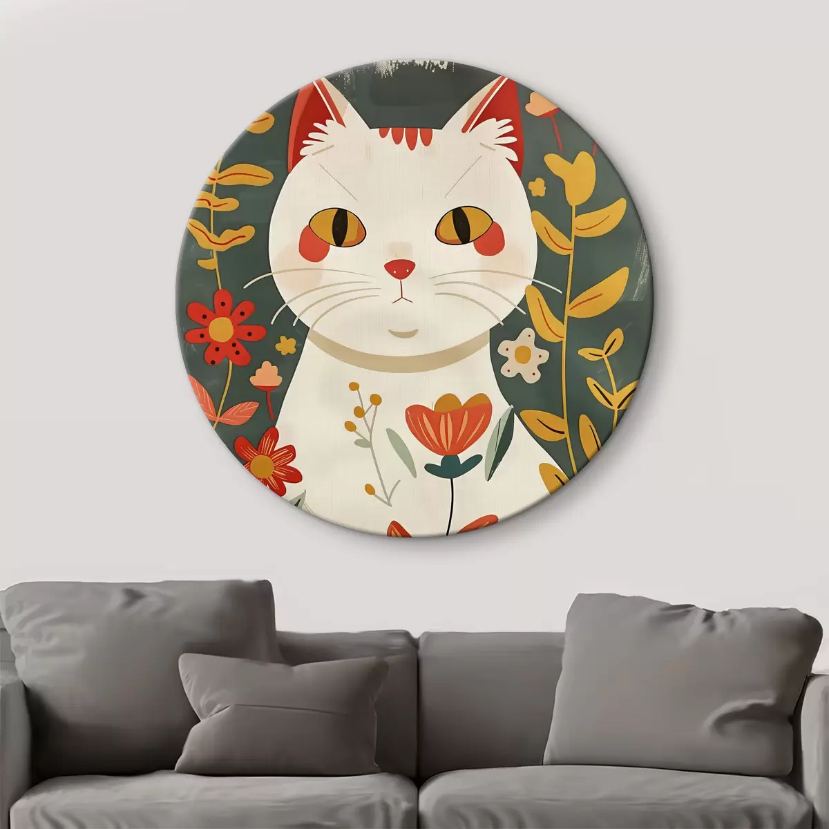 Quadri rotondi Gatto con fiori r38516
