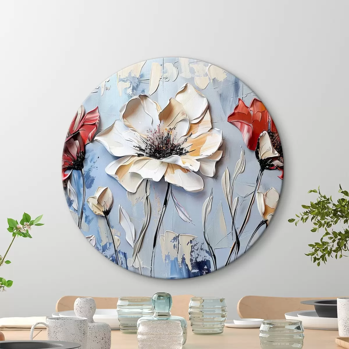 Quadri rotondi Fiori vivaci su un tranquillo sfondo blu r38572