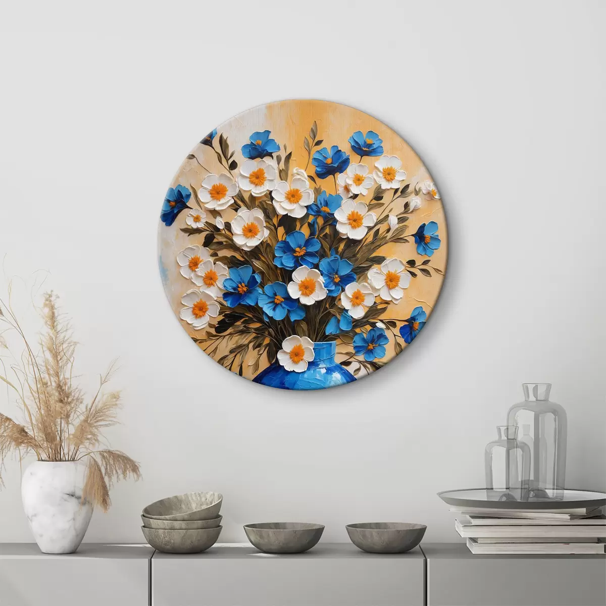 Quadri rotondi Fiori in un vaso blu su uno sfondo astratto r38584