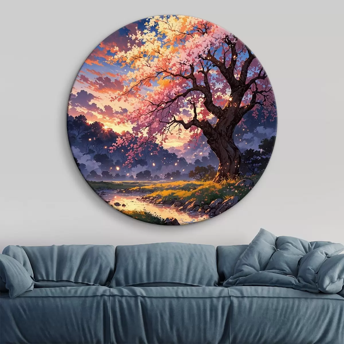 Quadri rotondi Un albero con fiori rosa attraversato da un fiume r38645