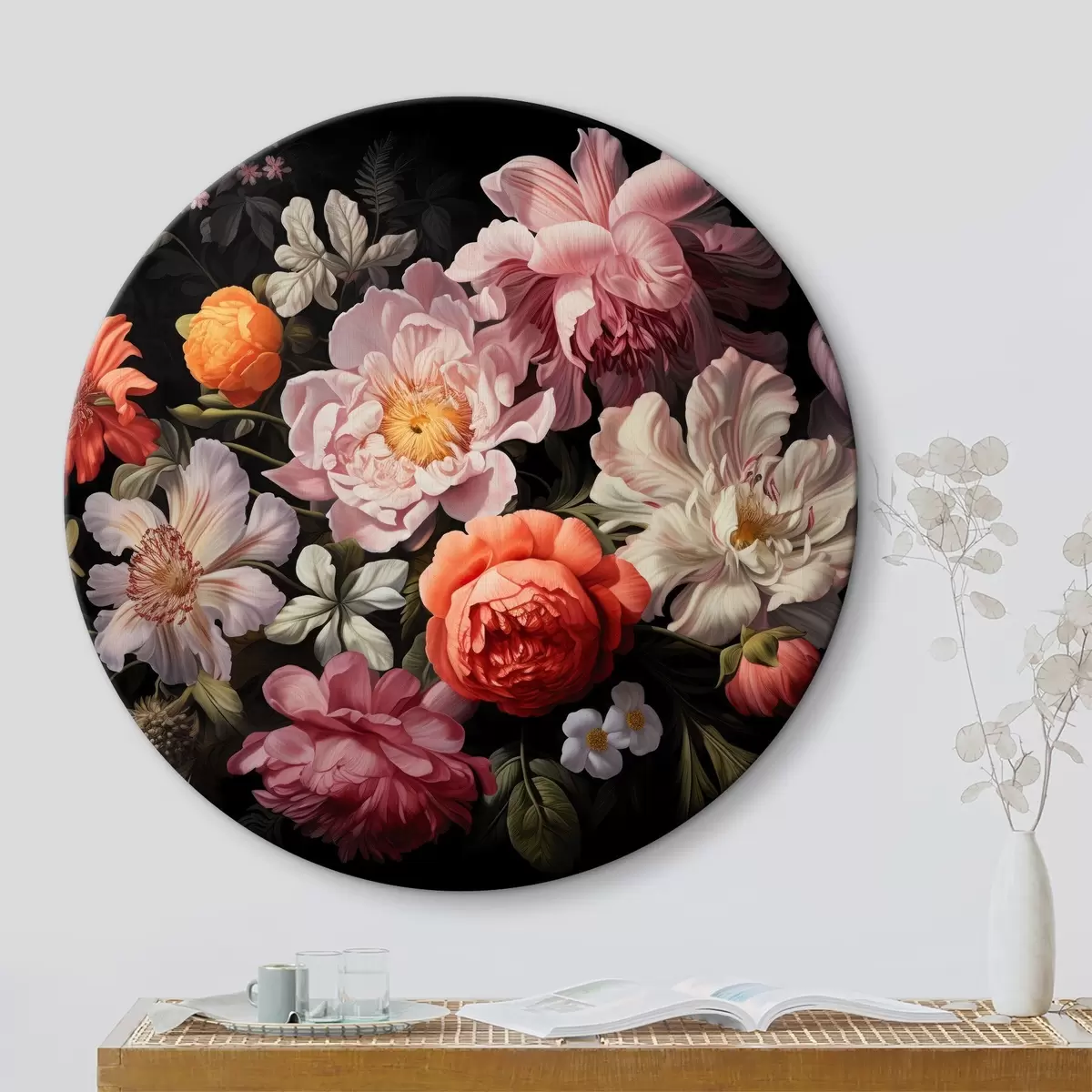 Quadri rotondi Immagine di fiori su sfondo nero r38721