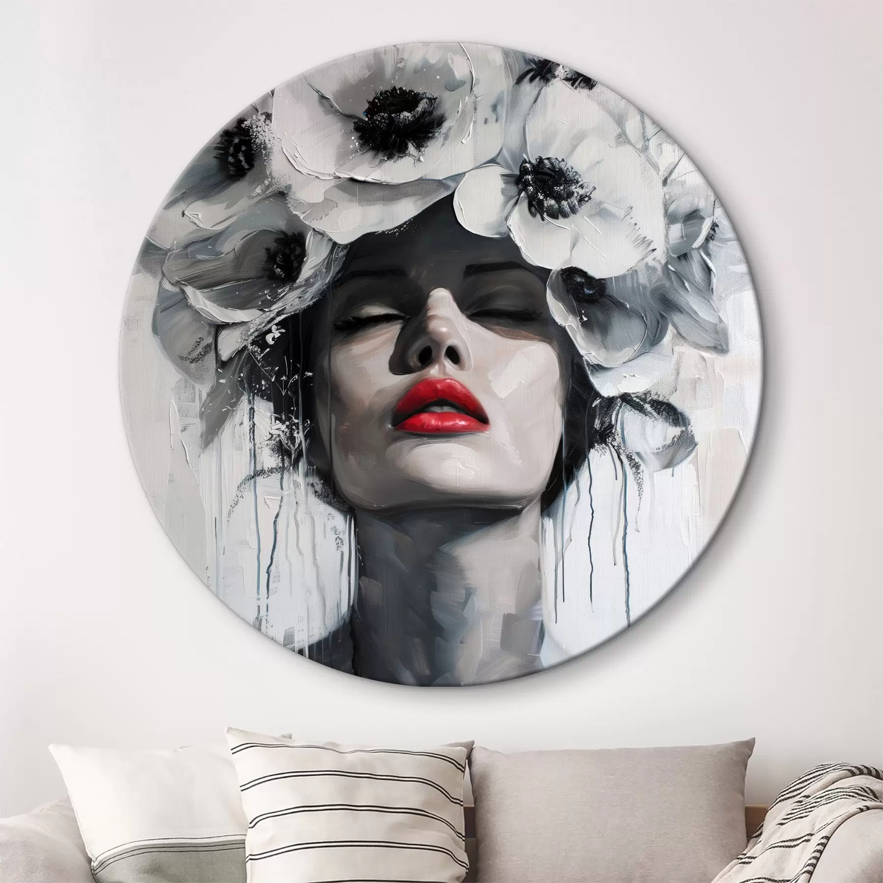 carta da parati Ritratto di una donna con fiori tra i capelli e labbra rosse nr. r39253