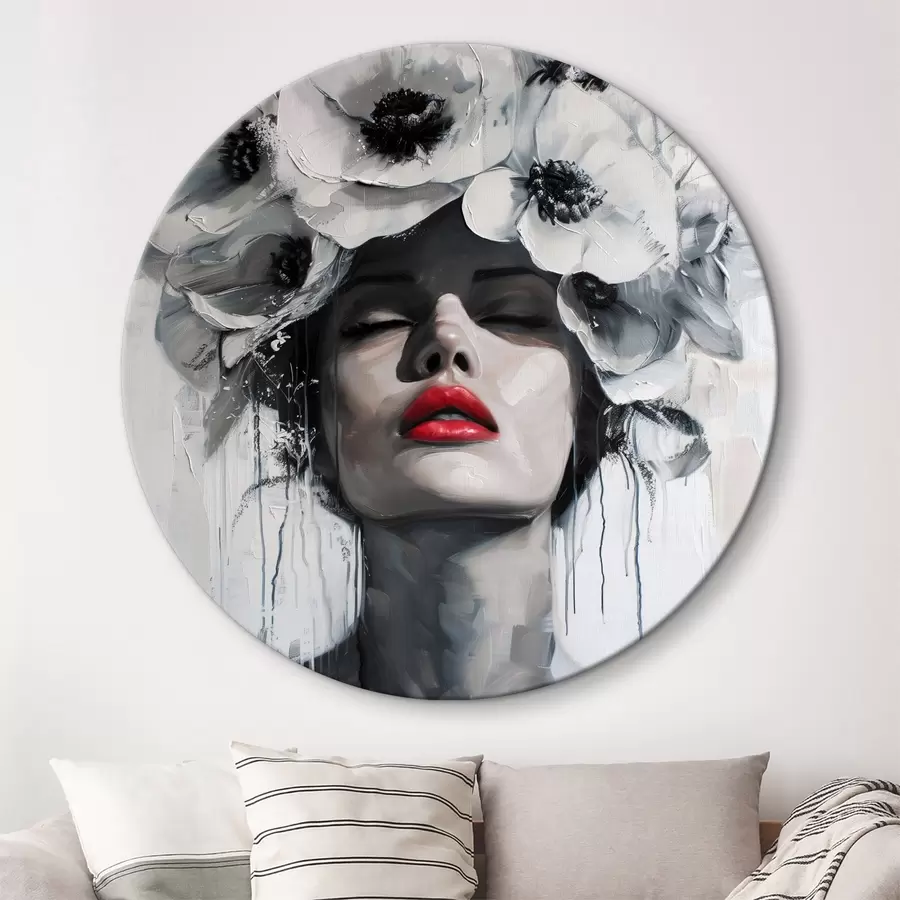 carta da parati Ritratto di una donna con fiori tra i capelli e labbra rosse nr. r39253