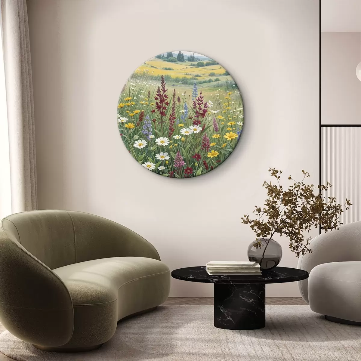 Quadri rotondi Un prato lussureggiante e colorato con una varietà di fiori selvatici r39407