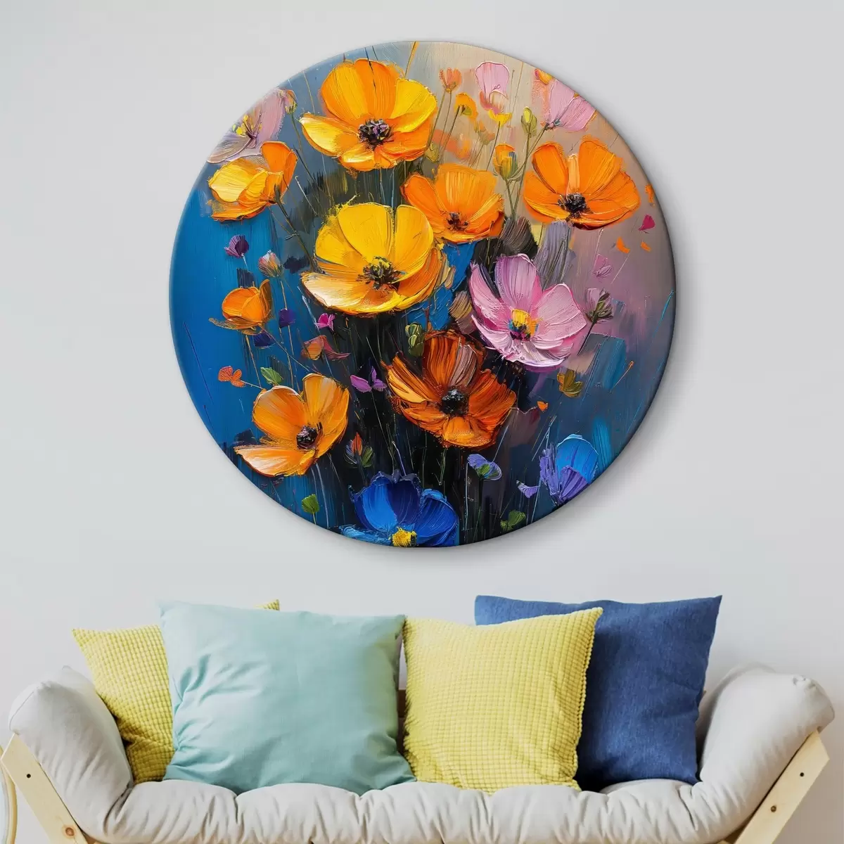 Quadri rotondi Sinfonia dipinta: pennellate di papaveri giallo chiaro, arancio, rosa e blu. r39454