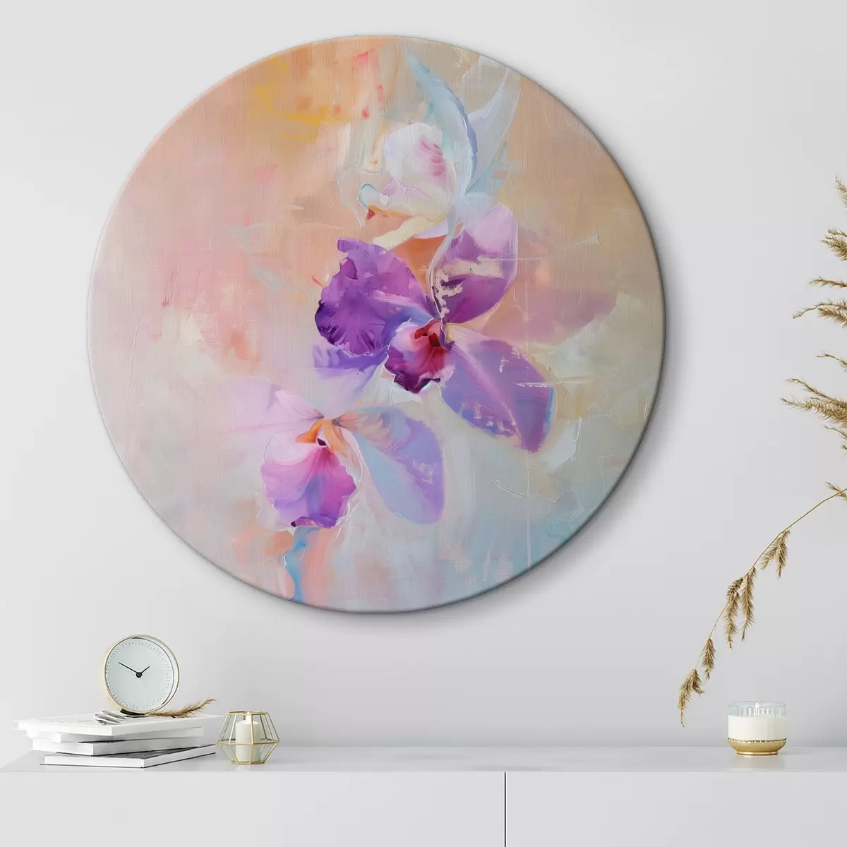 Quadri rotondi Quadro impressionistico di orchidea, colori pastello chiari, stampa botanica semi-astratta, con sfondo neutro r39463