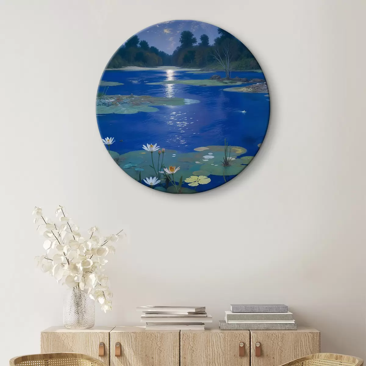 Quadri rotondi Lago di notte con la luna piena che si riflette nell'acqua con alberi verdi e ninfee r39526