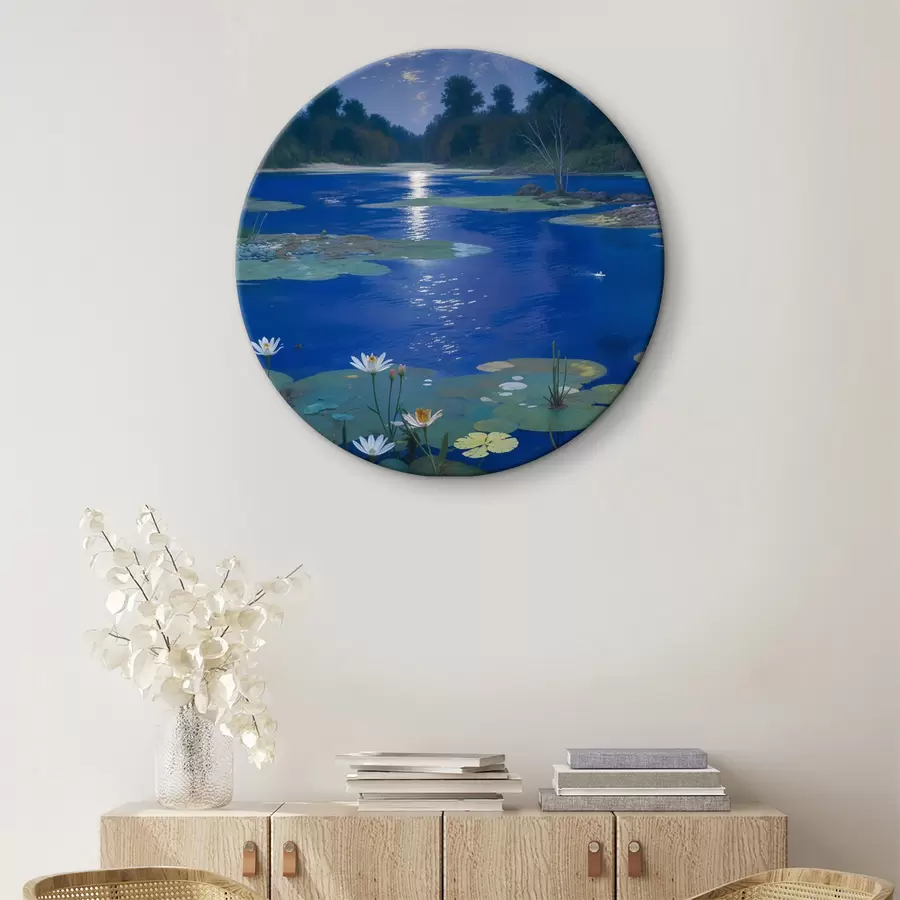 carta da parati Lago di notte con la luna piena che si riflette nell'acqua con alberi verdi e ninfee nr. r39526