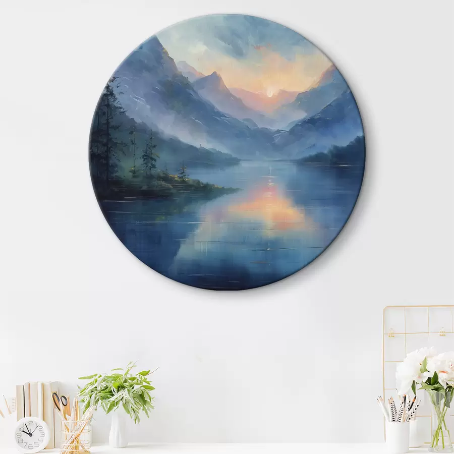 carta da parati Tramonto in montagna, nebbia, fiume, foresta, pittura ad olio nr. r40302