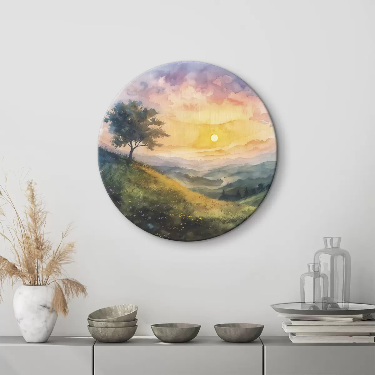 Quadri rotondi Prato con colline e alberi, fiori, acquerello r40303