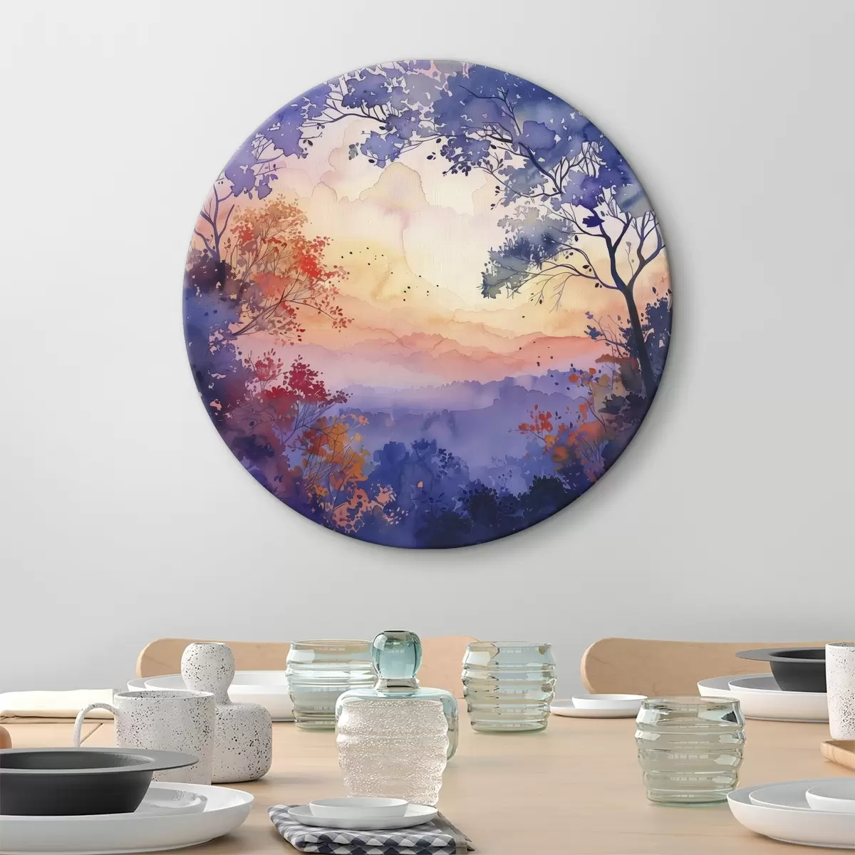 Quadri rotondi Foresta acquerellata, tramonto, rami di alberi, viola e arancione r40304