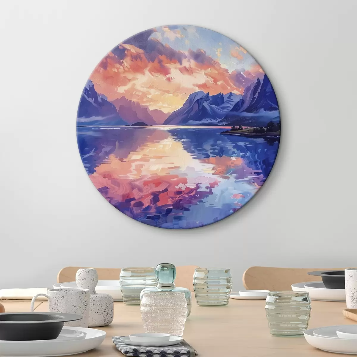 Quadri rotondi Tramonto in montagna, fiume, pittura acrilica r40305