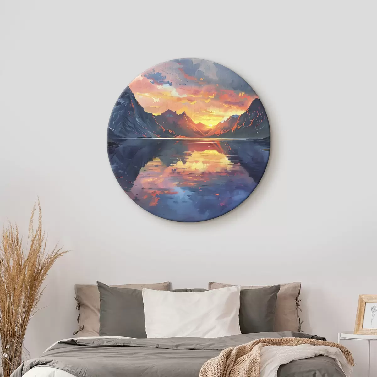 Quadri rotondi Tramonto in montagna, fiume, paesaggi naturali, pittura acrilica r40306