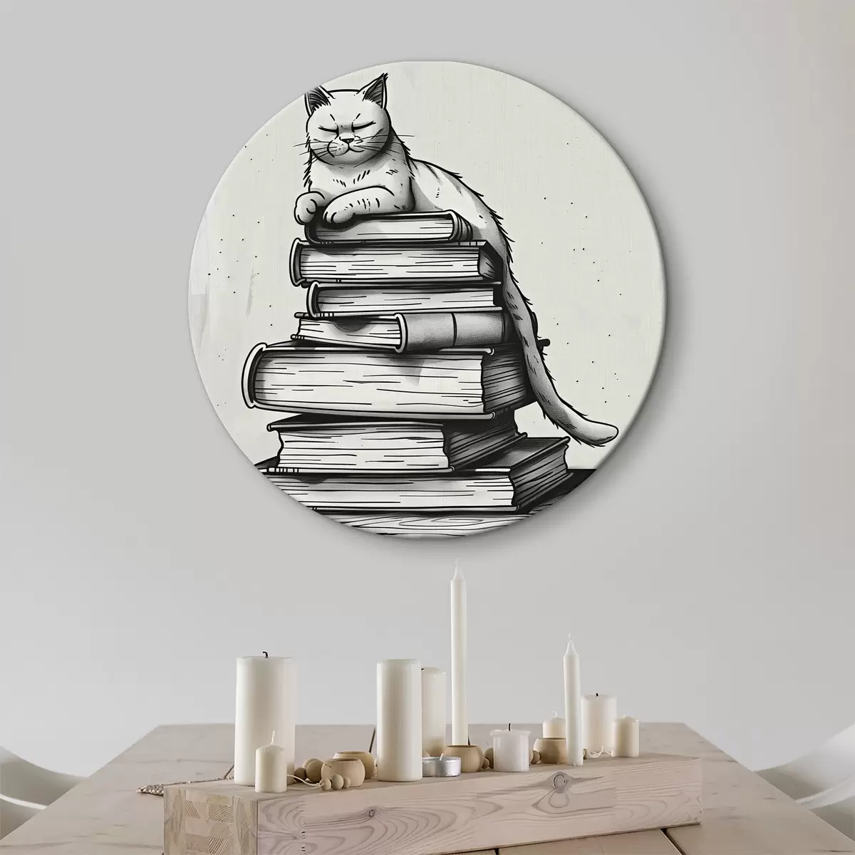 Quadri rotondi Gatto bianco e nero su una pila di libri r40435