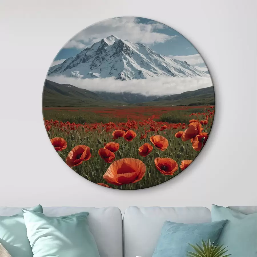 carta da parati Un campo di papaveri sullo sfondo delle montagne innevate nr. r40469