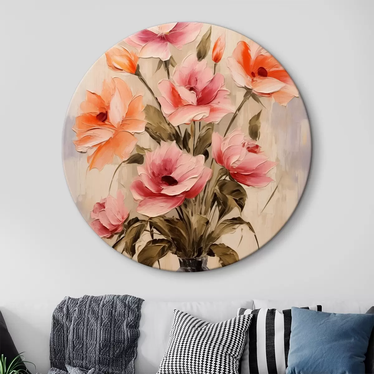 Quadri rotondi Un bouquet di papaveri in vaso, rosso, rosa, arancione, grigio e beige r40499