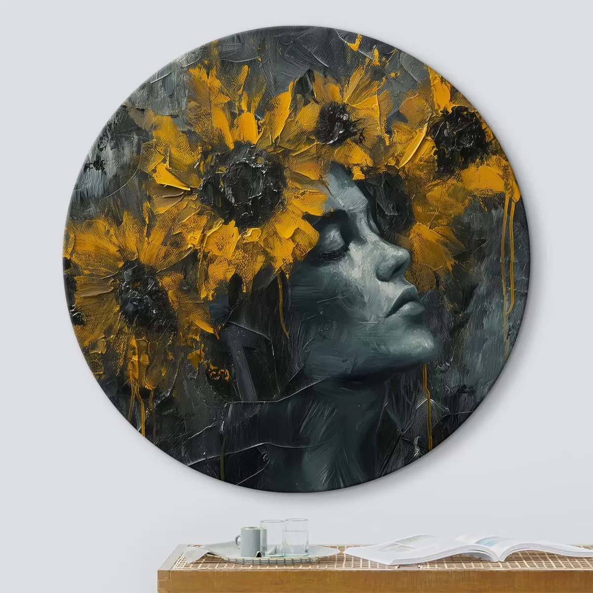 Quadri rotondi Volto di donna in tonalità di grigio con girasoli r40500