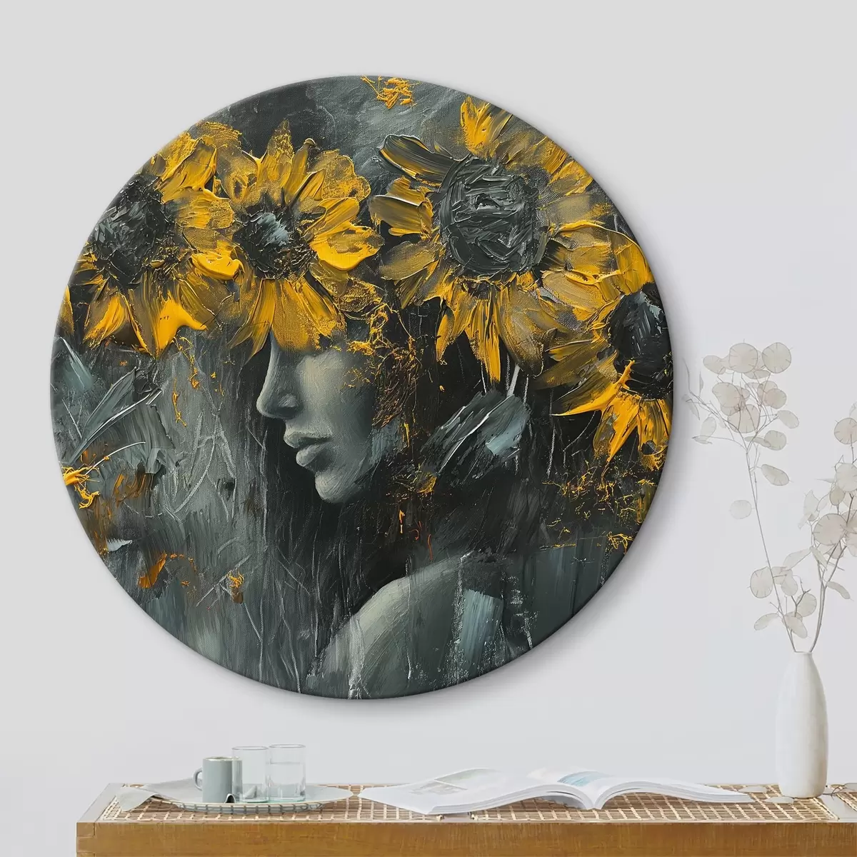 Quadri rotondi Girasoli astratti che coprono il viso della ragazza r40501