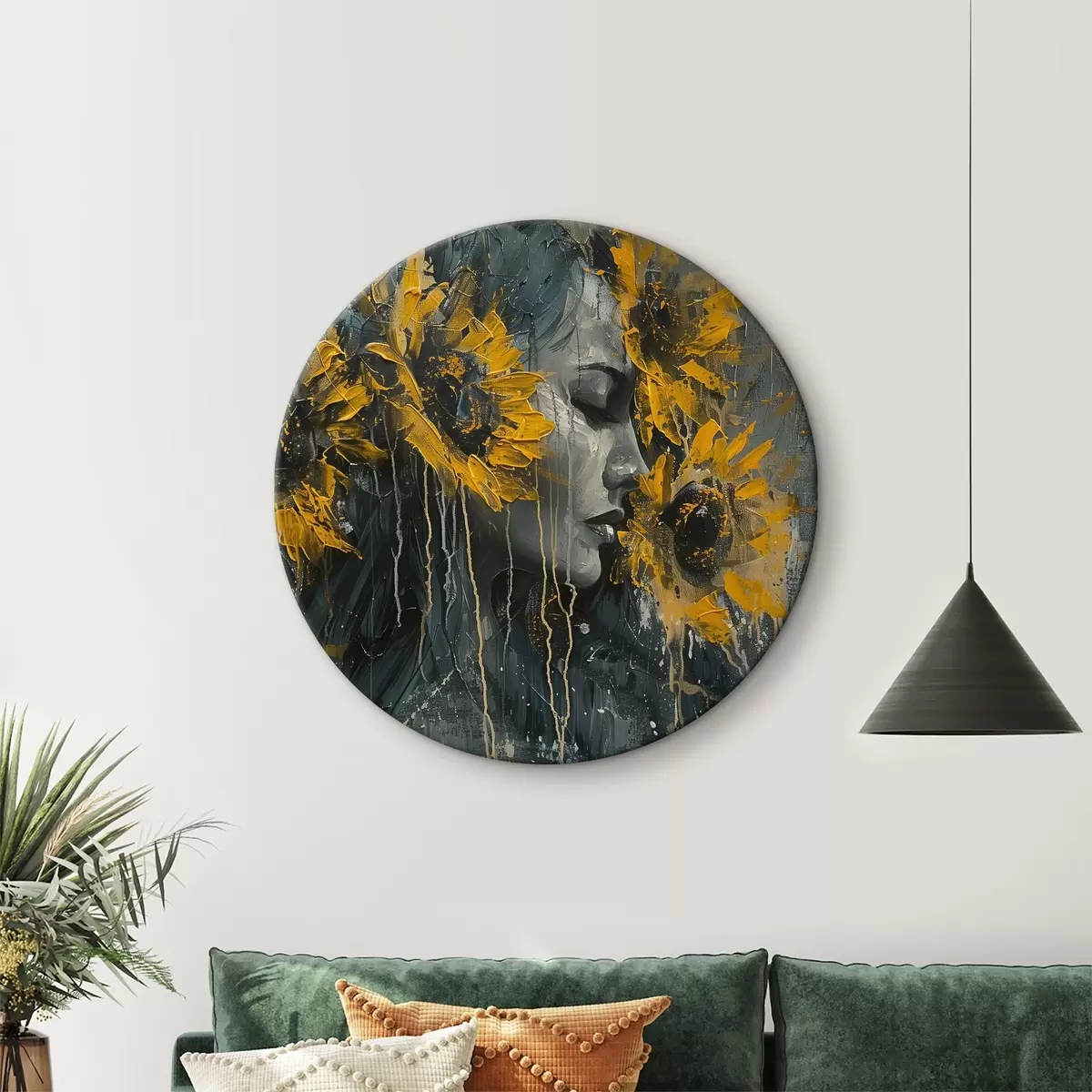 Quadri rotondi Il volto di una ragazza con i girasoli sfuocati r40502