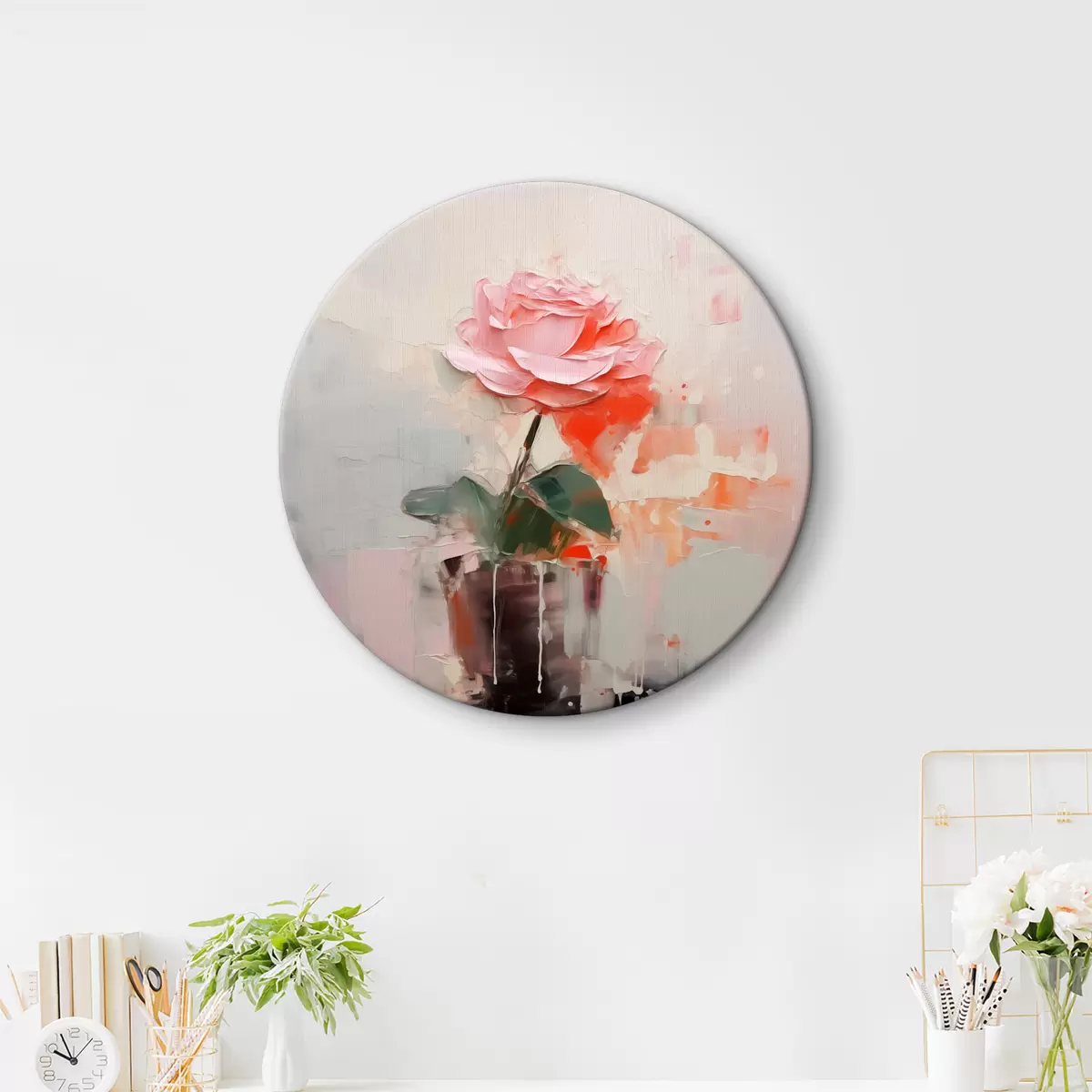 Quadri rotondi Rosa astratta in un vaso, grigio, rosa, rosso r40515