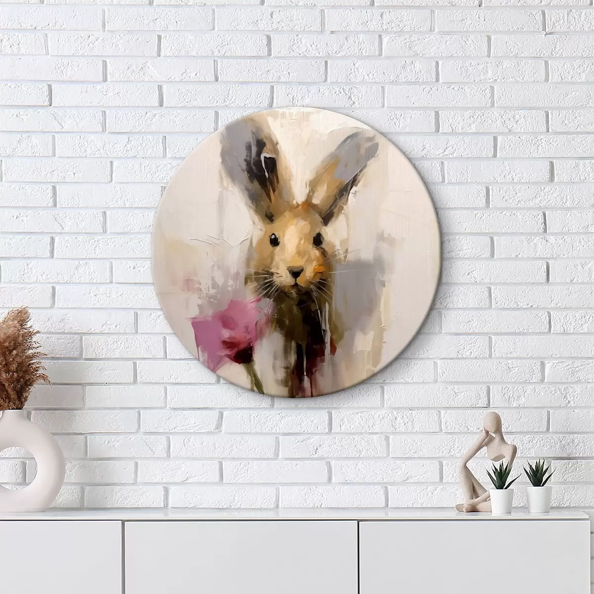 Quadri rotondi Lepre astratta e fiore, grigio, rosa, marrone r40516