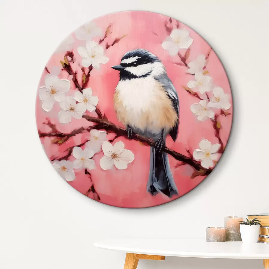 carta da parati L'uccello è seduto su un ramo con fiori bianchi su sfondo rosa nr. r40517