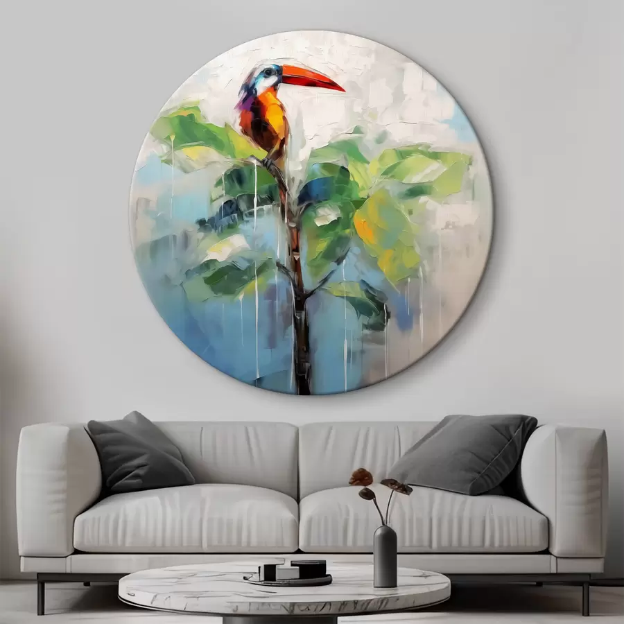 carta da parati Tucano astratto seduto su palma di banana, colore verde, blu, grigio, giallo, rosso nr. r40518