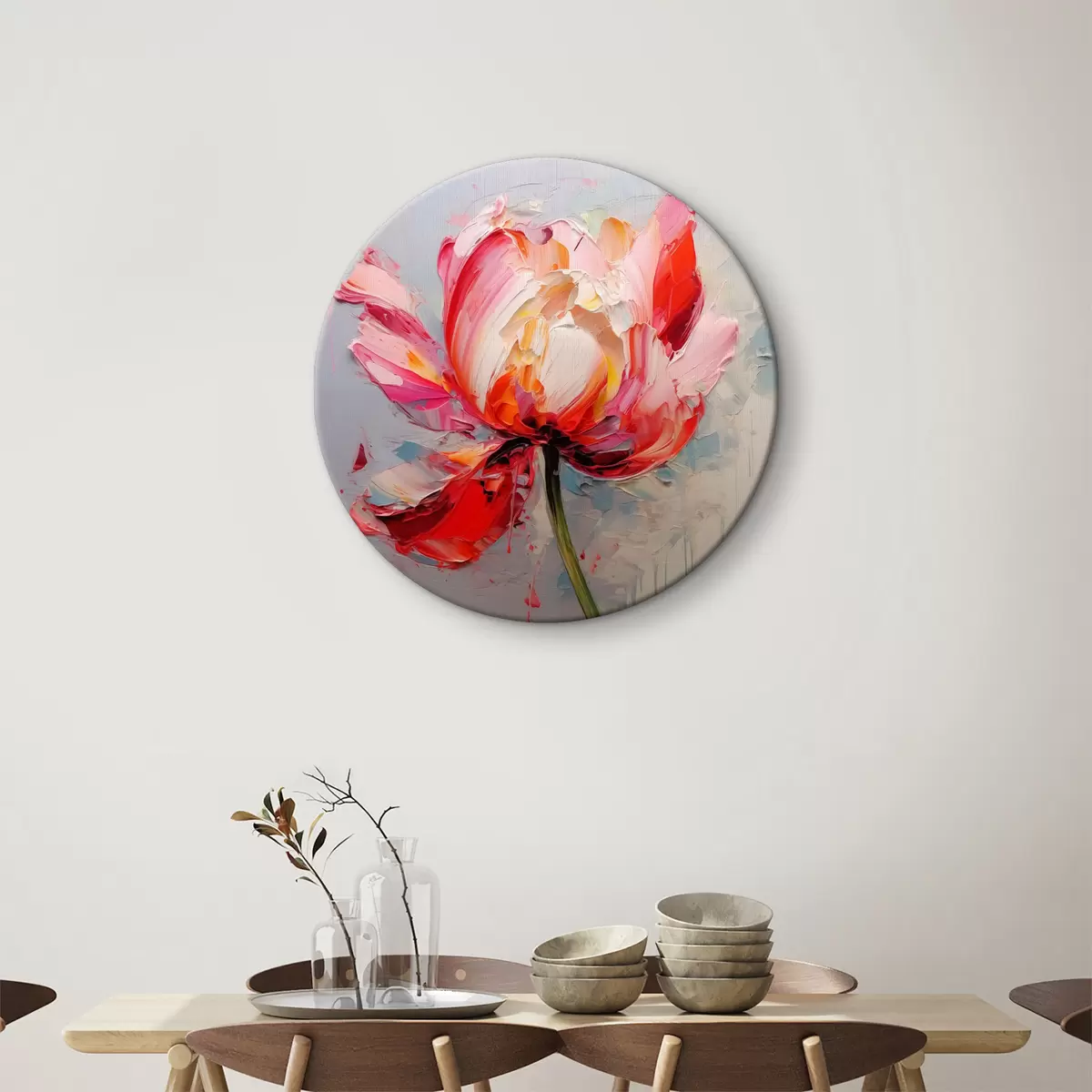 Quadri rotondi Tulipano in fiore, colore rosso, rosa, grigio r40519