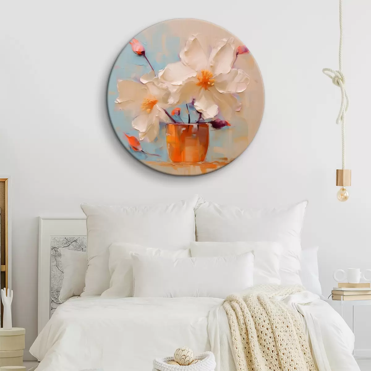 Quadri rotondi Narcisi in un vaso, bianco, arancione, beige, blu r40520