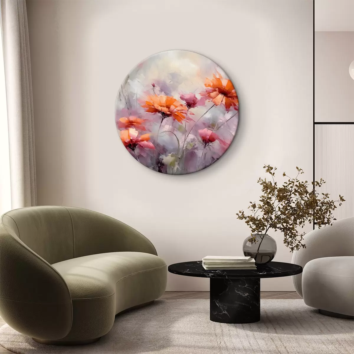 Quadri rotondi Fiori astratti, imitazione di pennellate, rosso, grigio, viola, arancione r40528