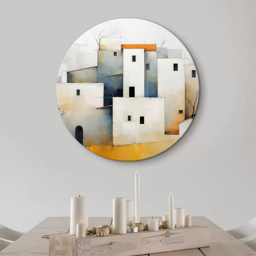 carta da parati Case astratte stilizzate bianche, colori rosso, arancione, giallo, blu nr. r40531