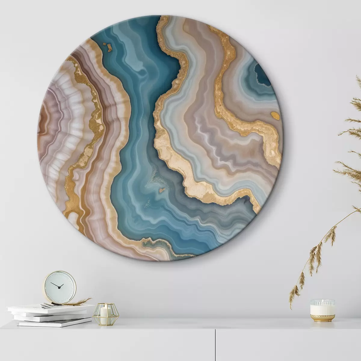 Quadri rotondi Pietra di agata astratta colorata con motivi vorticosi e strati di turchese, beige, rosa e giallo r40540